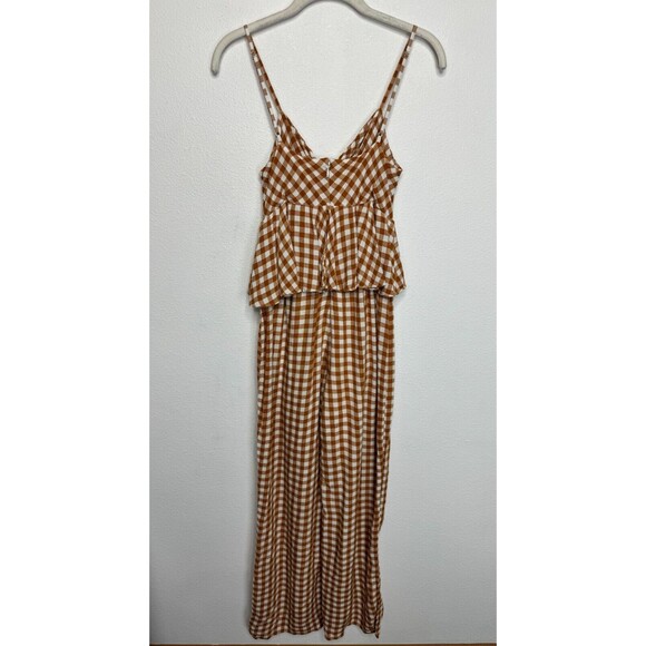 SAYLOR XS Laken Gingham Jumpsuit In Apricot Peplum Top V-Neck Ruffle Knot Front - Picture 9 of 16
